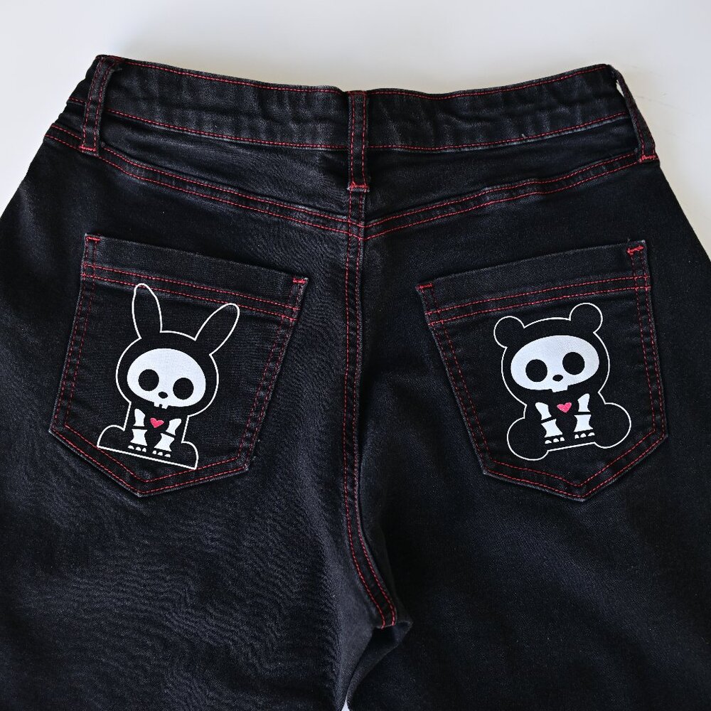Skelanimals (from Hot Topic) Black Flare Jeans with Red Grommets -Sz 7